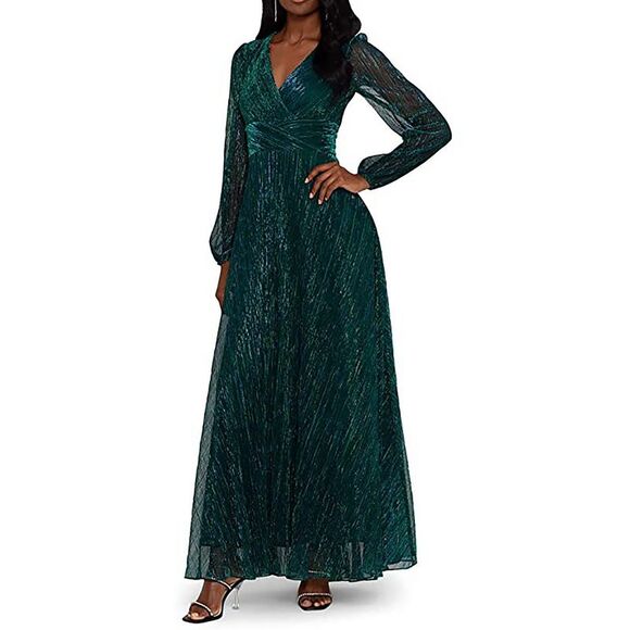 Betsy & Adam Dresses & Skirts - Betsy & Adam Womens Green Metallic Crinkled Evening Dress Gown NWT